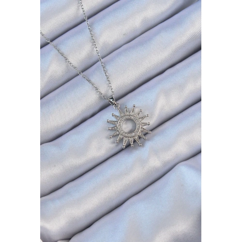 BFS 316L Çelik Zincir Gümüş Renk Zirkon Taşlı Parlayan Güneş Kolye