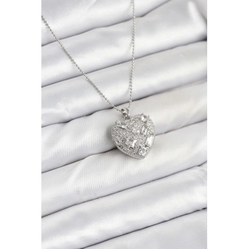 BFS 316L Çelik Zincir Gümüş Zirkon Taşlı Kalpli Kadın Kolye