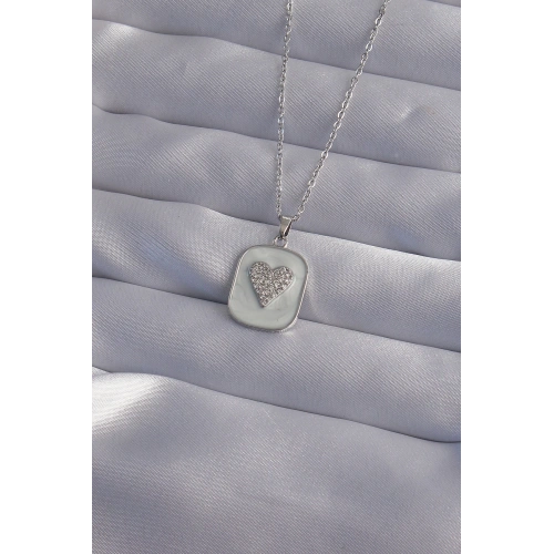 BFS 316L Çelik Zincir Mermer Desenli Gümüş Renk Zirkon Taşlı Kalp Model Kolye