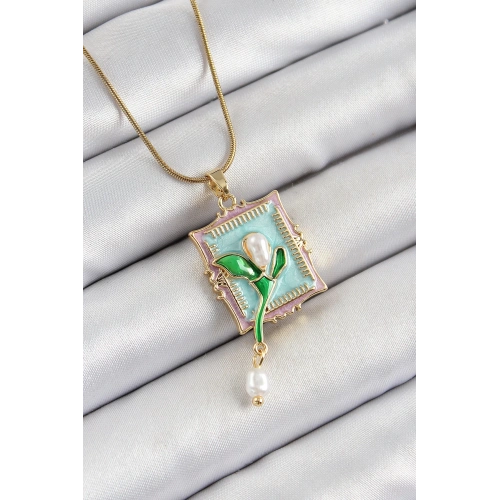 BFS 316L Çelik Zincir Turkuaz Sanatsal Portre Sallantılı İnci Detaylı Lale Model Gold Renk Kadın Kolye