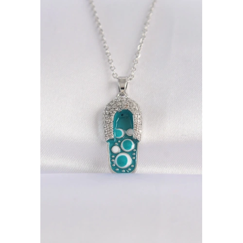 BFS 316L Çelik Zincir Zirkon Taşlı Gümüş Renk Nazarlı Terlik Tasarımlı Kolye