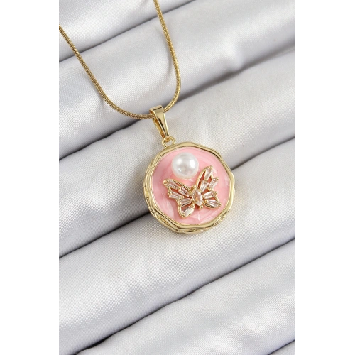 BFS 316L Çelik Zincir Zirkon Taşlı Pembe Sanatsal Portre İnci Detaylı Kelebek Model Gold Renk Kadın Kolye