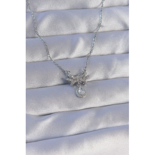 BFS 316L Çelik Zincirli Gümüş Renk Zirkon Taşlı Damla Detay Fiyonk Model Kolye