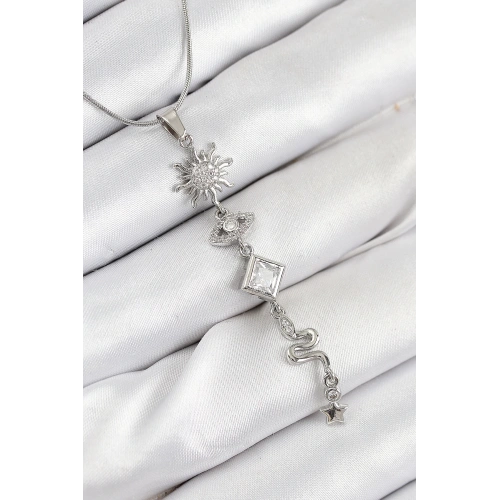 BFS 316L Çelik Zirkon Taşlı Güneş Ve Ay Enerji Model Gümüş Renk Kadın Kolye