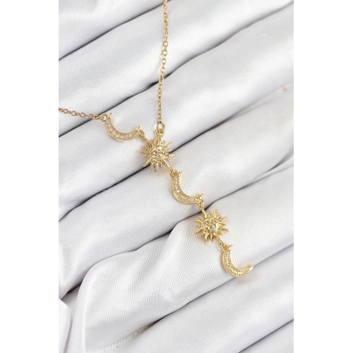 BFS 316L Çelik Zirkon Taşlı Güneş Ve Ay Model Gold Renk Kadın Kolye