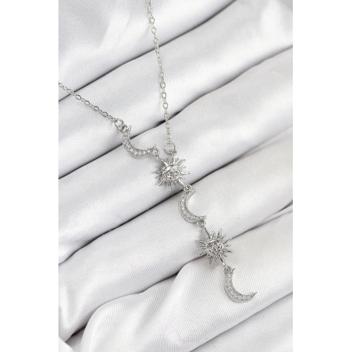 BFS 316L Çelik Zirkon Taşlı Güneş Ve Ay Model Gümüş Renk Kadın Kolye