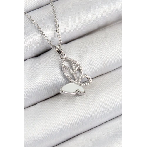 BFS 316L Çelik Zirkon Taşlı Kelebek Model Gümüş Renk Kadın Kolye