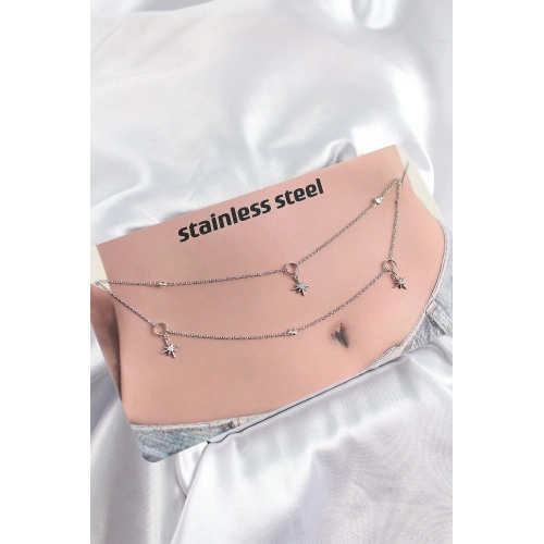 BFS 316L Çelik Zirkon Taşlı Kutup Yıldızı Model Gümüş Renk Göbek Bel Zinciri