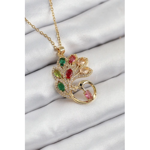 BFS 316L Çelik Zirkon Taşlı Tavus Kuşu Model Gold Renk Kadın Kolye