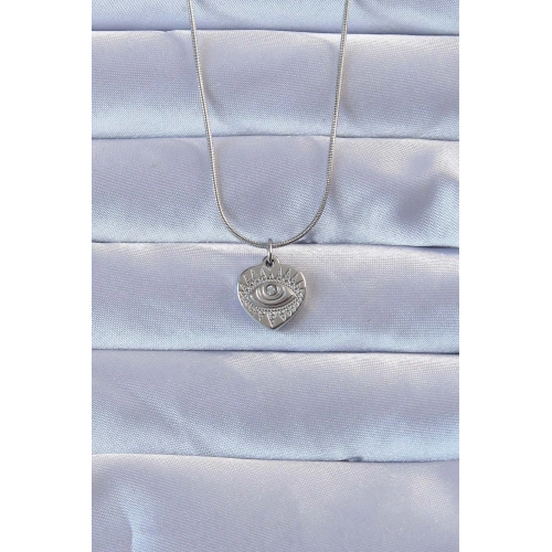 BFS 316L Gümüş Renk Zirkon Taşlı İşlemeli Göz Detay Kalp Kolye