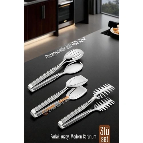 BFS 3’lü İnox Çelik Mutfak Maşa Seti - Makarna Pasta Salata Çok Amaçlı Maşa 3 lü SET