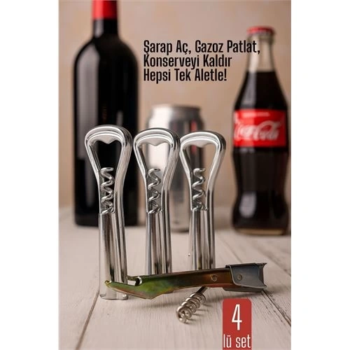 BFS  4 lü set Barmen Tipi Şişe Açacağı ve Tirbuşon Konserve Açıcı Dayanıklı ve Pratik