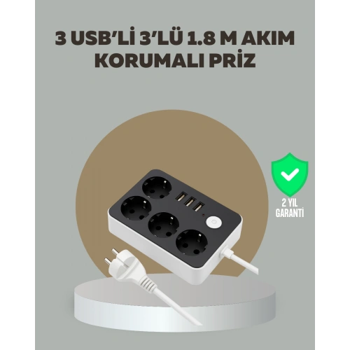 BFS 4 Prizli 3 USB Portlu Anahtarlı Akım Korumalı Priz
