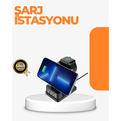 BFS 4’ü 1 Arada Kablosuz Şarj İstasyonu – LED Saat Ekranlı, Apple Uyumlu, Akıllı Güvenlik Koruması