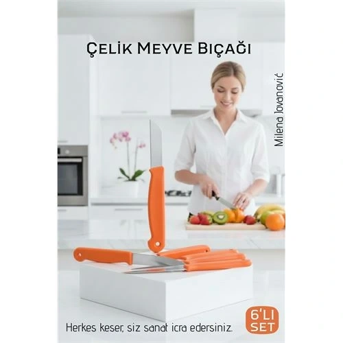 BFS 6lı Premium Paslanmaz Çelik Meyve Bıçağı Seti - Turuncu Saplı Keskin Soyma Bıçağı Takımı