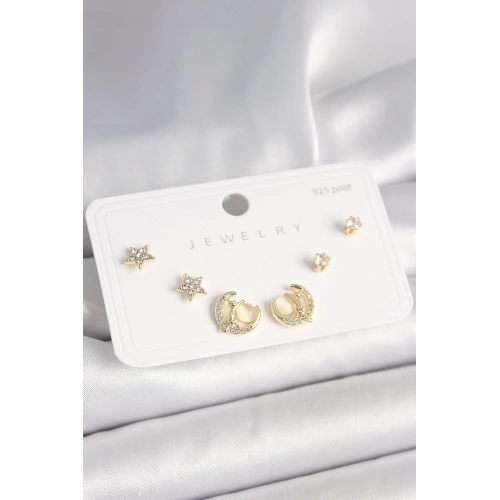 BFS 925 Ayar Gümüş Çivi Zirkon Taşlı Hilal Yıldız Model Kadın Küpe Seti