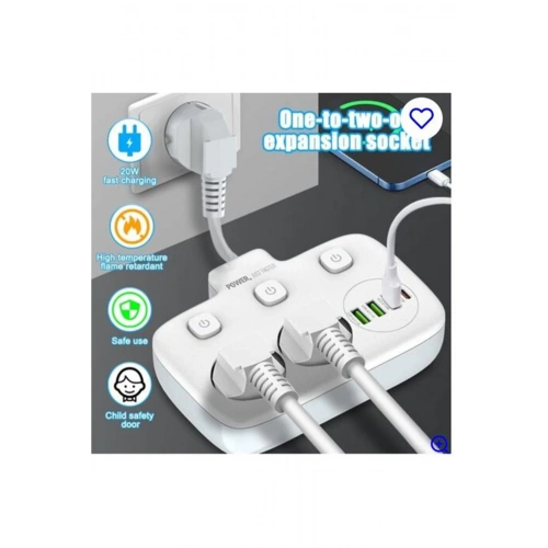BFS Akım Korumalı 2’li Ayrı Anahtarlı Priz, 2x Priz, 3x Usb, 1x Type-c, 2 Mt Kablo, Hızlı Şarj