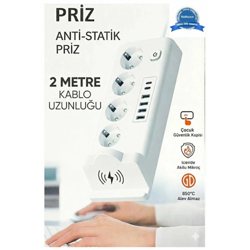 BFS Akım Korumalı Priz Ve Masaüstü Şarj İstasyonu Kablosuz 4 Priz ,4 Usb, 2 Type-c Girişli 2 Metre