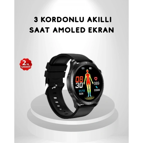 BFS AMOLED Ekranlı Akıllı Saat – 3 Kordon Seçenekli, Suya Dayanıklı, Kalp Atış ve Uyku Takip Özellikli