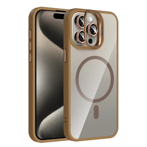 BFS  Apple iPhone 15 Pro Max Remim Lensli Magsafe Standlı Kapak - Kahverengi