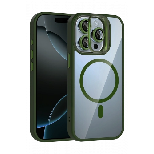BFS  Apple iPhone 15 Pro Max Remim Lensli Magsafe Standlı Kapak - Koyu Yeşil