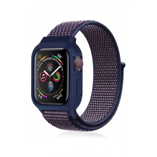 BFS  Apple Watch 38mm Hasırlı Cırtcırtlı Kasalı Kordon - Lacivert-Mürdüm