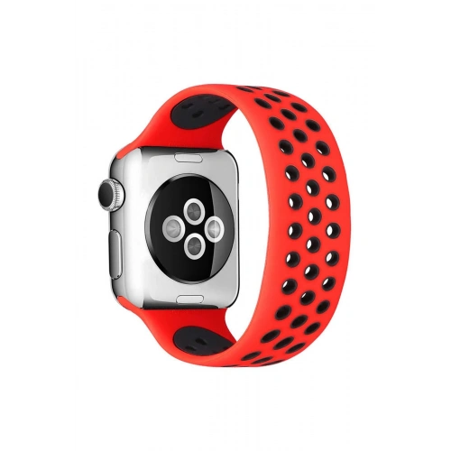 BFS  Apple Watch 42mm Ayarlı Delikli Silikon Kordon - Kırmızı-Siyah