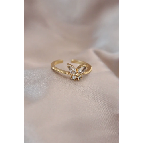 BFS Ayarlamalı Altın Renk Metal Zirkon Taş ve Kristal Taşlı Kelebek Model Yüzük