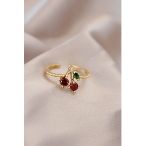 BFS Ayarlamalı Gold Renk Metal Renkli Zirkon Taşlı Kiraz Yüzük