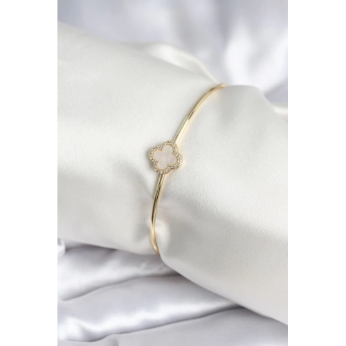 BFS Beyaz Sedefli Yonca Model Gold Renk Kadın Bileklik