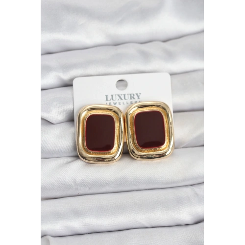 BFS Bordo Mineli Kare Gold Renk Vintage Kadın Küpe
