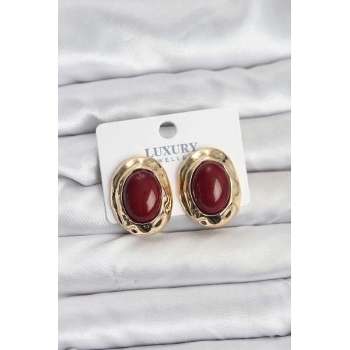 BFS Bordo Renk Oval Vintage Pirinç Kadın Küpe