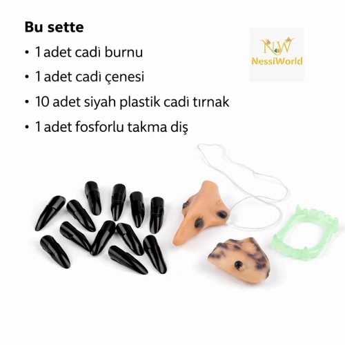 BFS Cadı Aksesuar Seti – Burun, Çene, Fosforlu Diş ve 10 Adet Siyah Tırnak