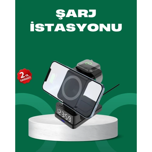 BFS Dijital Saatli Kablosuz Şarj İstasyonu – 3’ü 1 Arada Apple Uyumlu Hızlı Şarj ve LED Ekran