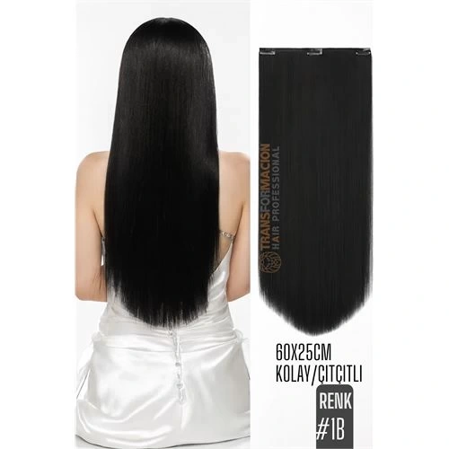 BFS Doğal Görünümlü Düz Siyah Sentetik Kaynak Saç – RENK KOD:#1B Kolay Tak Çıkar, Işıltılı Etki!