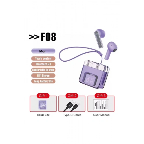 BFS  F08 Dijital Şarj Göstergeli TWS Bluetooth Kulaklık - Mor