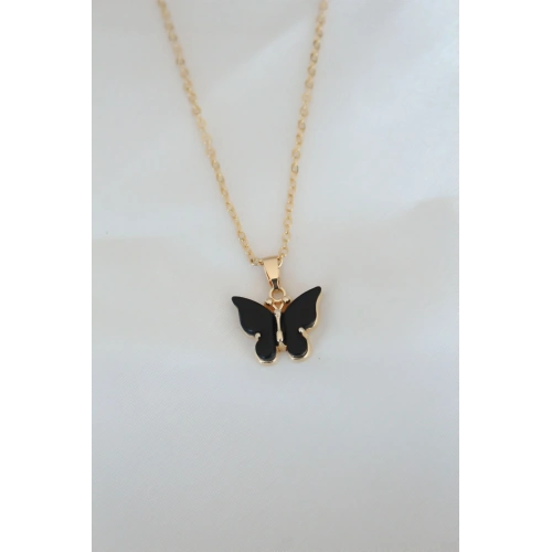 BFS Gold Kaplama Siyah Renkli Sedefli Kelebek Kolye