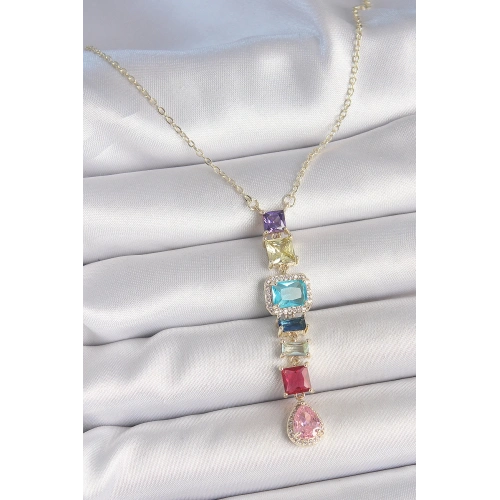 BFS Gold Karışık Renk Zirkon Taşlı Y Pirinç Kolye