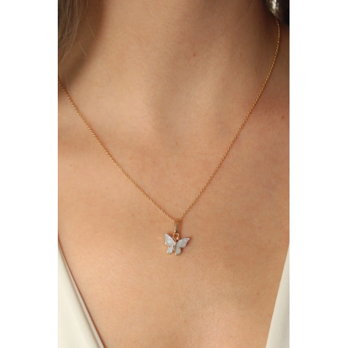 BFS Gold Mavi Renk Kelebek Figür Kadın Kolye