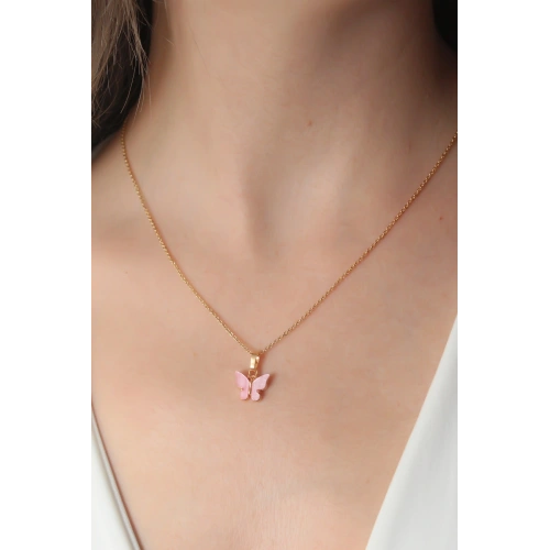 BFS Gold Pembe Renk Kelebek Figür Kadın Kolye