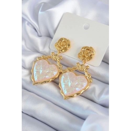 BFS Gold Renk Gül Sallantı Kalp Model Pirinç VİP Kadın Küpe