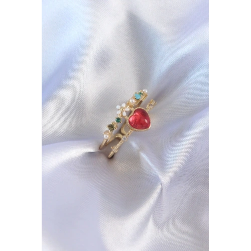 BFS Gold Renk Kırmızı Zirkon Taş Kalp Model Pirinç Kadın Yüzük