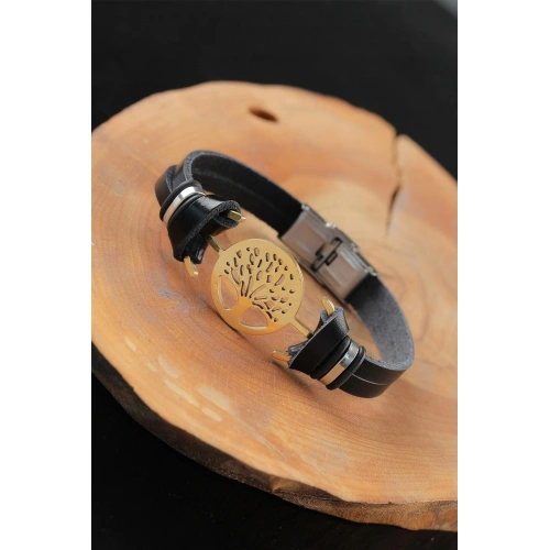 BFS Gold Renk Metal Ağaçlı Tasarım Siyah Renk Deri Erkek Bileklik