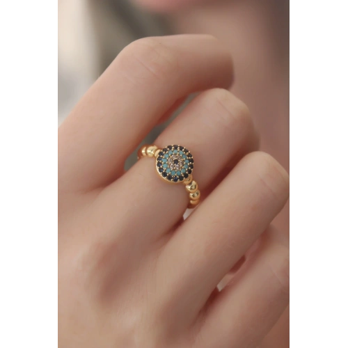 BFS Gold Renk Nazar Boncuk Figür Zirkon Taş Detay Kadın Yüzük