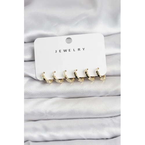 BFS Gold Renk Pirinç Minimal Petek Detaylı Kadın Küpe Seti