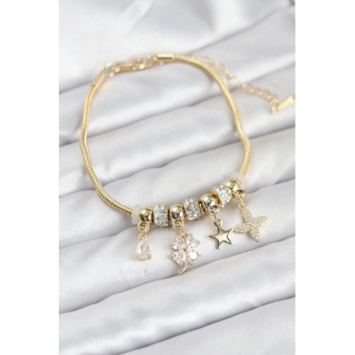 BFS Gold Renk Pirinç Yonca Charmlı Kadın Bileklik