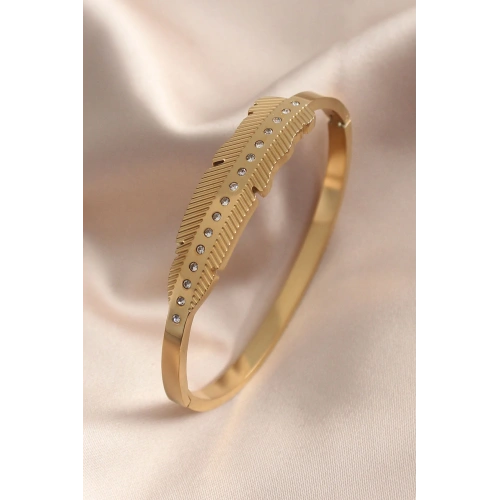 BFS Gold Renk Yaprak Model Zirkon Taş Detay Kelepçe Kadın Bileklik