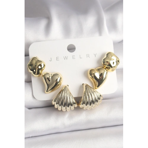 BFS Gold Renk Yonca Kalp Deniz Kabuğu Figür CCB Kadın Küpe Seti