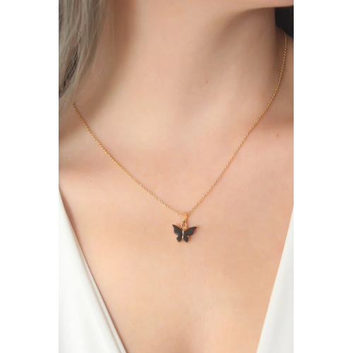 BFS Gold Siyah Renk Kelebek Figür Kadın Kolye