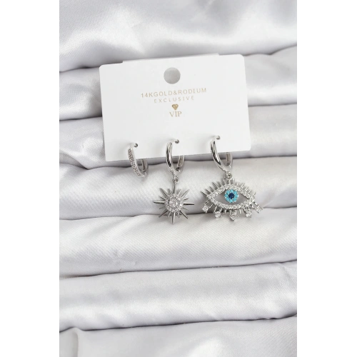 BFS Göz Model Gümüş Renk Pirinç 3lü Kadın Küpe Seti